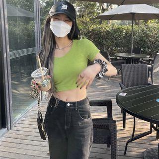 Short-sleeve Fluffy Knit Crop Top