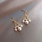 Rhinestone Faux Pearl Dangle Earring 1 Pair - Earring - Silver - Triangle - Faux Pearl - Gold & White - One Size