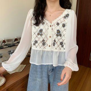 Long-sleeve Floral Embroidered Frill Trim Blouse
