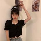 Square-neck Lace-trim Puff-sleeve Cropped Top Black - One Size