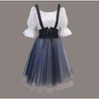 Set: Plain Off Shoulder Elbow Sleeve Blouse + Suspender Mesh Skirt