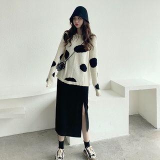 Polka Dot Long-sleeve Sweater / Plain High-waist Skirt