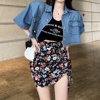 Short-sleeve Denim Jacket / Crop Tank Top / Floral Mini Pencil Skirt