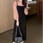 Long-sleeve Blouse / Midi A-line Pinafore Dress / Set