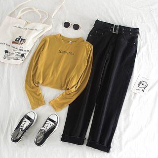Long-sleeve Lettering T-shirt / High-waist Plain Jeans