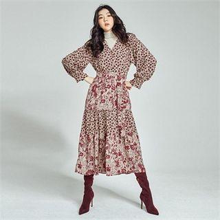 Button-front Floral Maxi Tiered Dress Beige - One Size