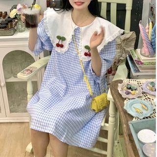 Elbow-sleeve Collar Gingham A-line Dress