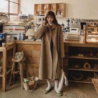 Round-collar Double-breasted Long Coat Beige - One Size