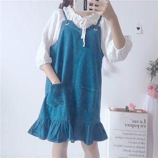 Frill Hem Spaghetti Strap Denim Dress