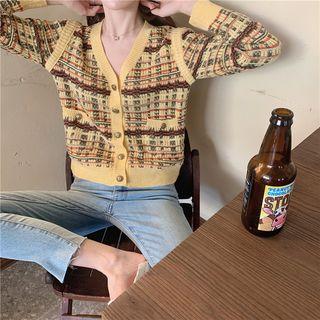 Long-sleeve Contrast Plaid V-neck Cardigan Curcumin - One Size