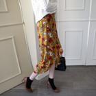 Drape-front Floral Pattern Midi Skirt