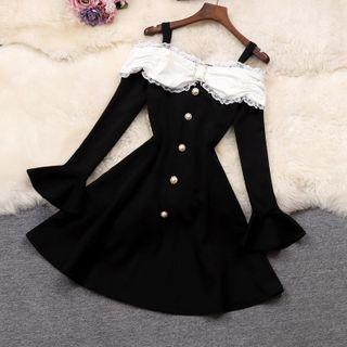 Long-sleeve Off-shoulder Lace Trim A-line Dress