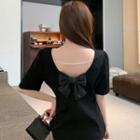 Short-sleeve Bow Mini A-line Dress Black - One Size