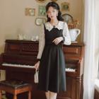 Long-sleeve Bow Lace Panel Midi A-line Dress