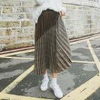 Color Block Midi A-line Pleated Skirt Coffee - One Size