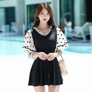 Bell-sleeve Dotted Panel Swim Dress