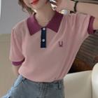 Short-sleeve Embroidered Polo Knit Top