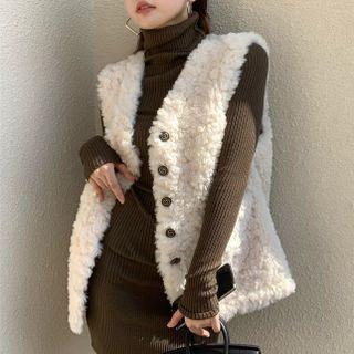 Fleece Button-up Vest / Long-sleeve Mini Dress