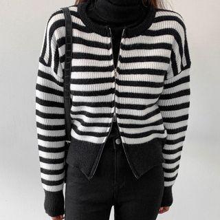 Round-neck Stripe Zip-up Cardigan