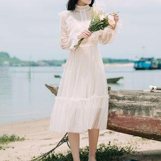 Mesh Ruffle Long-sleeve Midi A-line Dress