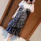 Mock Two-piece Short-sleeve Floral Midi Dress
