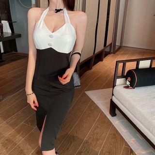 Halter Two-tone Slit Sheath Dress