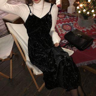 Turtleneck T-shirt / Spaghetti Strap Midi A-line Dress