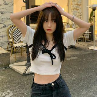 Short-sleeve Two Tone Crop Top White - One Size