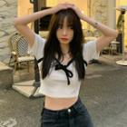 Short-sleeve Two Tone Crop Top White - One Size