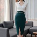 Set: Long-sleeve V-neck Open-collar Blouse + High-waist Fitted Skirt