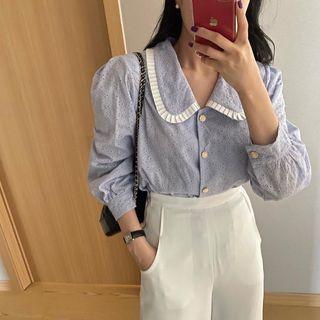 Long-sleeve Collared Perforated Blouse As Shown In Figure - One Size