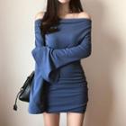 Off-shoulder Flared-sleeve Mini Sheath Dress