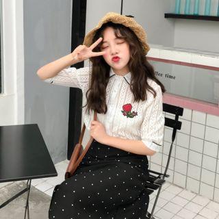 Flower Embroidered Elbow Sleeve Lace Shirt