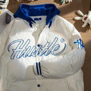 Lettering Hooded Button-up Oversize Padded Jacket