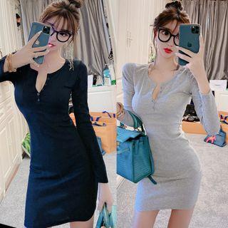 Long-sleeve Ribbed Mini Sheath Dress
