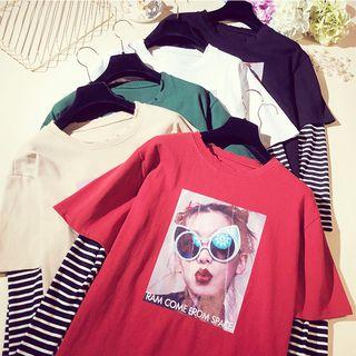 Mock Two Piece Striped Sleeve Panel Print T-shirt