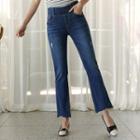 Wide-band Distress Boot-cut Jeans