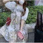 Puff-sleeve Blouse / Flower Print Mini Overall Dress