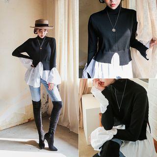 Turtle-neck Shirred-layered Knit Top Black - One Size