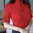 Short-sleeve Buttoned Mock Neck Knit Top