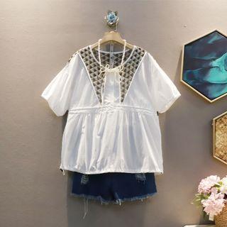 Short-sleeve Print Panel Tie-strap Drawstring Shirt