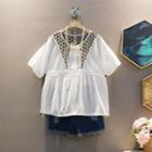 Short-sleeve Print Panel Tie-strap Drawstring Shirt