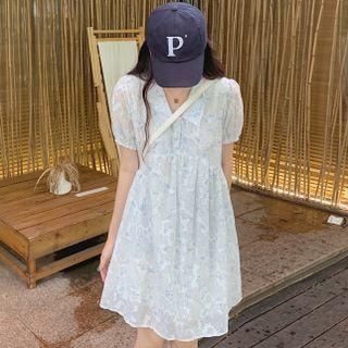 Puff-sleeve Floral Print A-line Dress Print - Light Blue - One Size