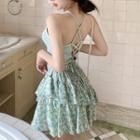 Cross-back Camisole Top / Floral Print Mini A-line Skirt