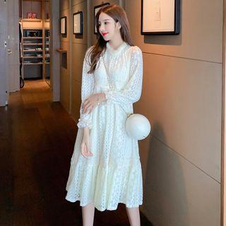 Fluffy Collar Lace Midi A-line Dress