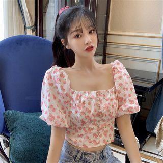 Square-neck Bow-accent Peach Print Cropped Top Peach - One Size
