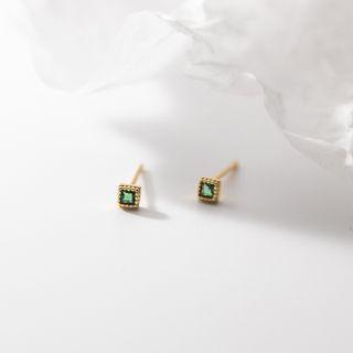 Square Rhinestone Sterling Silver Stud Earring 1 Pair - Green & Gold - One Size