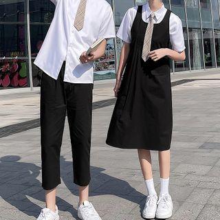 Couple Matching Short-sleeve Plain Shirt / Midi Overall Dress / Cropped Pants / Plaid Tie