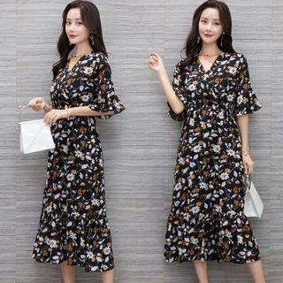 Elbow-sleeve Floral Print Chiffon A-line Midi Dress