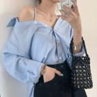 Long-sleeve Cold Shoulder Shirt Sky Blue - One Size